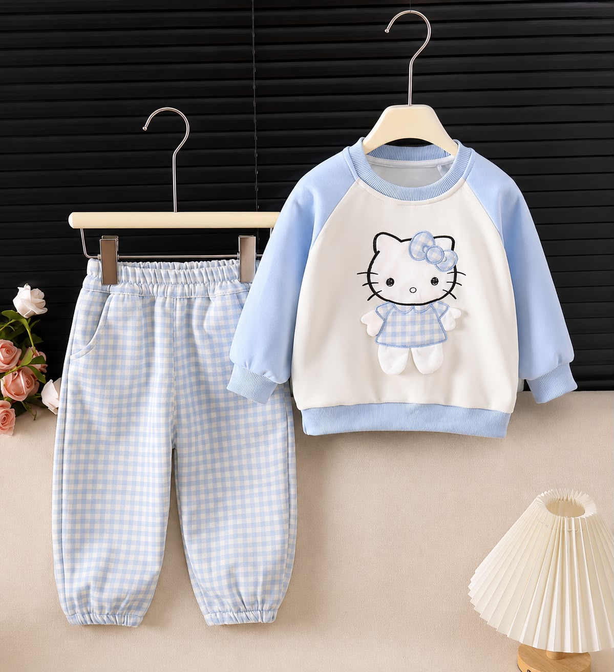 Conjunto Infantil Feminino Azul Xadrez com Moletom Kawaii