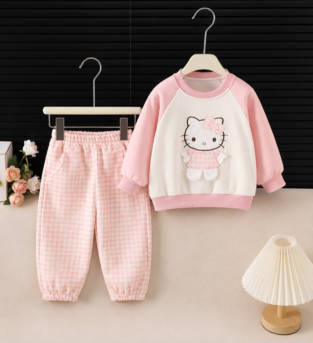 Conjunto Infantil Feminino Azul Xadrez com Moletom Kawaii