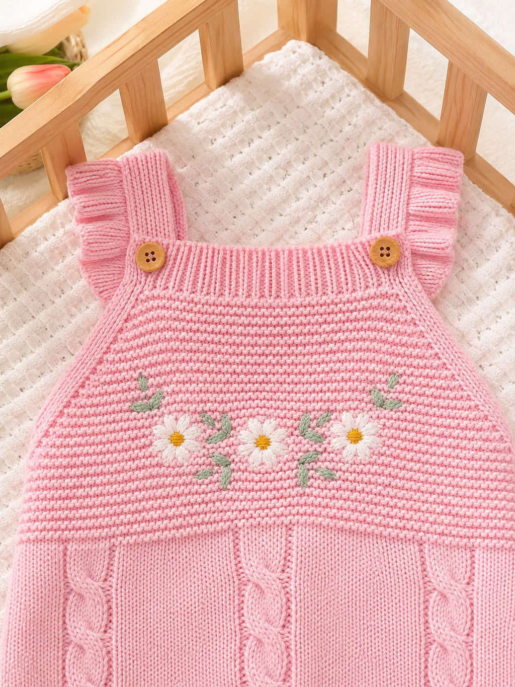 Macacão de Tricô Jardinzinho Rosa para Bebê