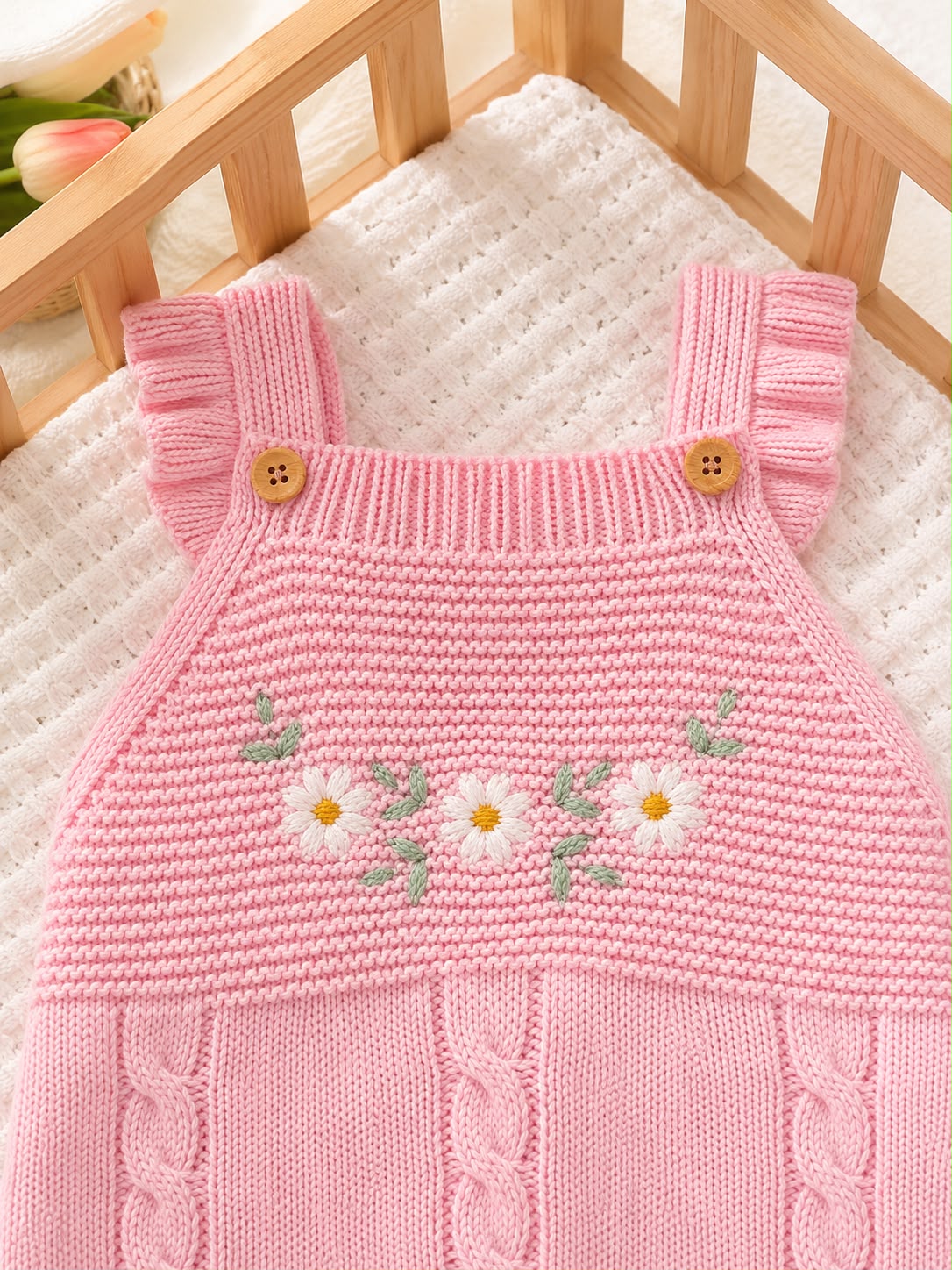 Macacão de Tricô Jardinzinho Rosa para Bebê