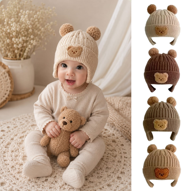 Touca de lã infantil com orelhinhas de urso bege